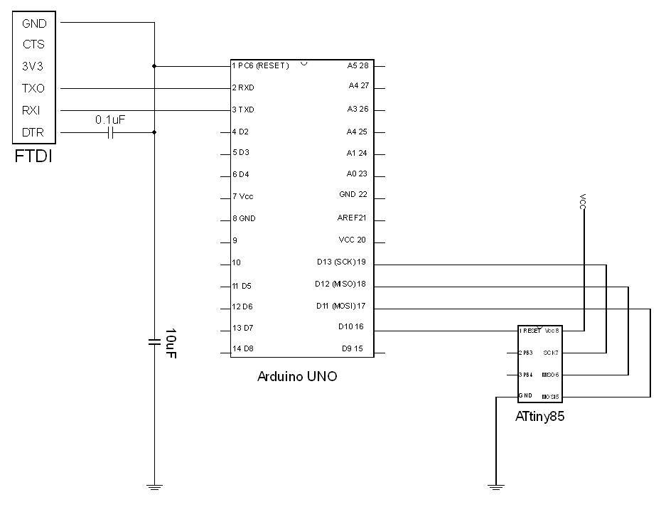 Circuit programmation ISP arduino vers ATtiny85